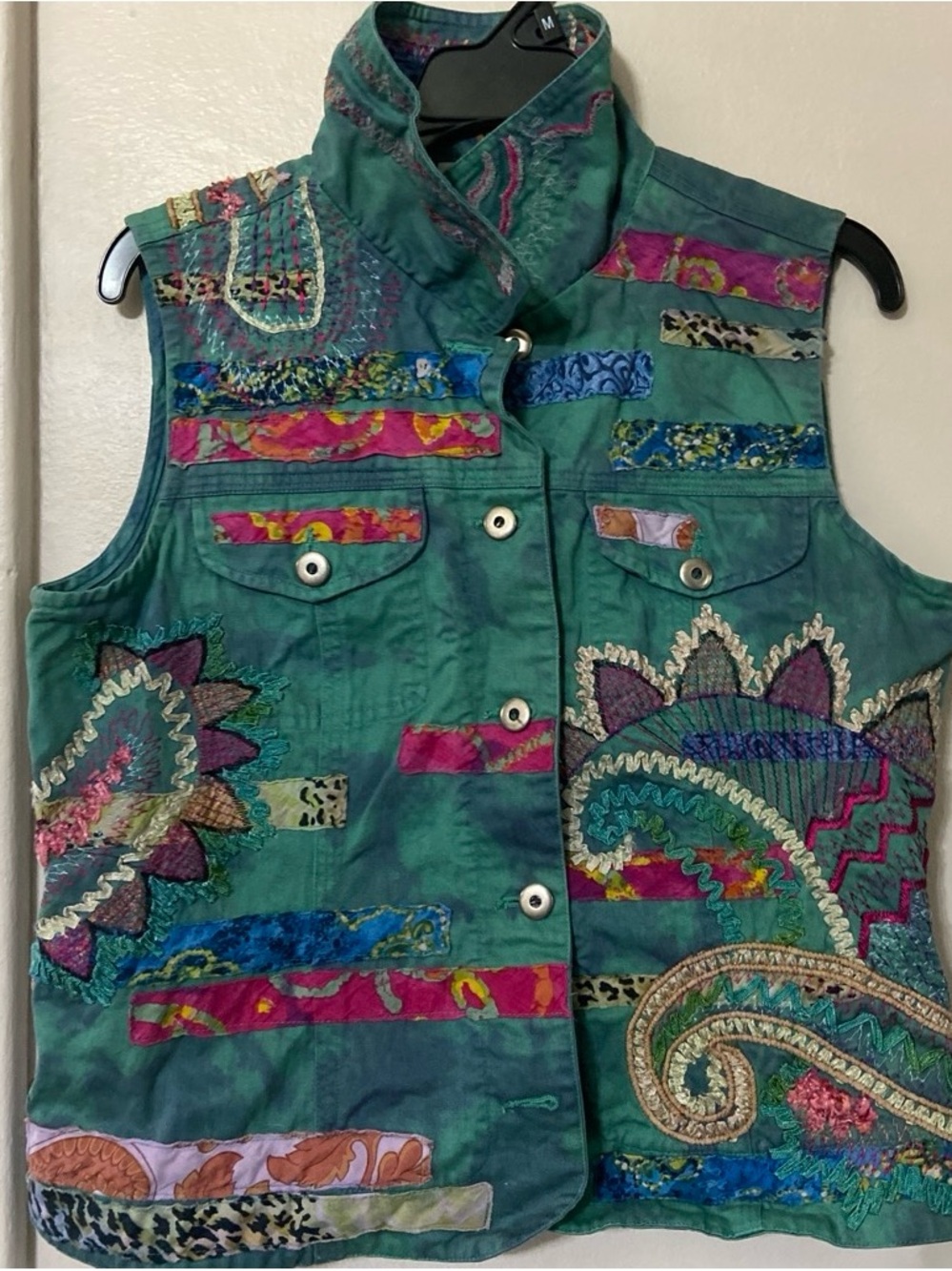 Chico's Teal Embroidered Patchwork Sleeveless Vest